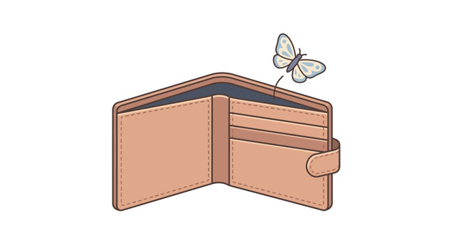 Empty Brown Leather Wallet with Butterfly Flying Out Metaphor for Financial Crisis and Poverty Vector Illustration