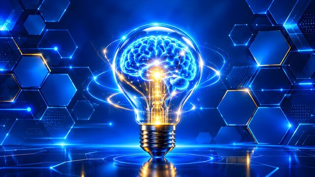 Futuristic illustration of a glowing digital brain inside a light bulb surrounded by technology patterns, representing smart ideas, AI, and innovation.