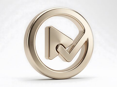 Golden check mark inside play button icon on white background with verified approval interface metallic isolated background multimedia