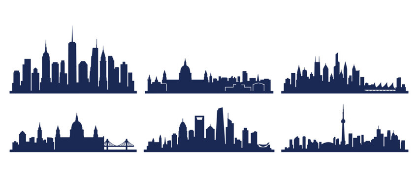World city skyline silhouettes on transparent background. Urban skyline icons with modern architecture. New York, London, Tokyo, Paris, Berlin, Dubai, Sydney, Toronto, Moscow, Hong Kong. Vector.
