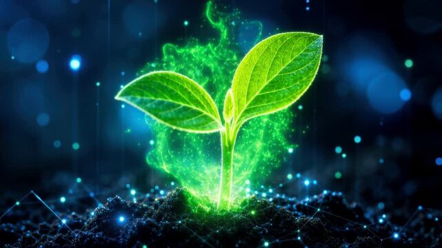 Glowing green seedling growing in soil with digital technology background for sustainable growth concept