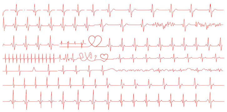 Red heart pulse rate and electrocardiogram wave line elements on white background for medical and healthcare concept design.
