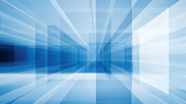 Abstract blue glass architecture with reflective surfaces and modern geometric design interior