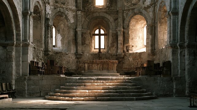 Ancient stone church interior, elevated sanctuary around altar, carved wooden platform, simple cross, choir stalls, pale arched windows, empty nave