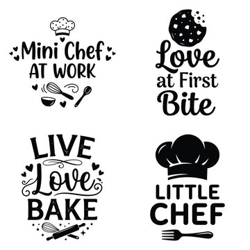 Set of baking and cooking typography quotes with chef hats and kitchen tools