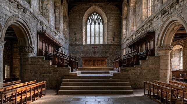 Old stone church interior photography, raised sanctuary, carved wooden altar platform, cross, choir stalls, pale arched windows, empty nave