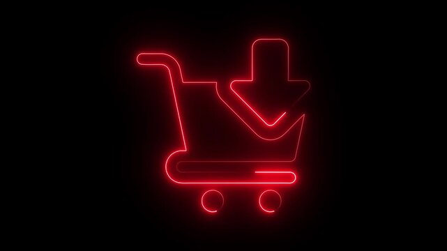 Neon red shopping cart with downward arrow animation for e-commerce and digital marketing online store