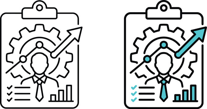 A clipboard with a businessman, gear, chart, and upward arrow in outline and colored versions for performance management.