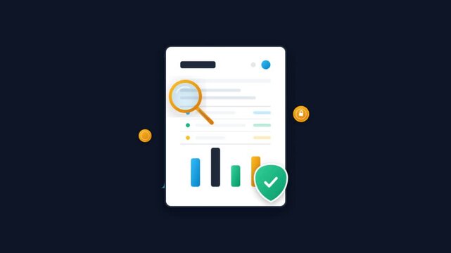 Data audit animation, financial report analysis and SEO research concept. Business analytics motion graphic with magnifying glass and charts for corporate presentations.