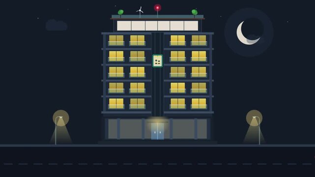 Animated modern hotel building at night. Flat vector architecture loop animation with glowing windows and crescent moon, ideal for urban tourism and travel video backgrounds.