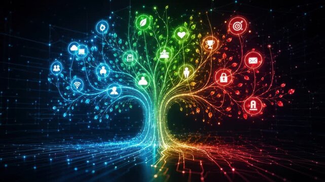 Colorful digital technology tree with glowing icons representing data, innovation, and connectivity