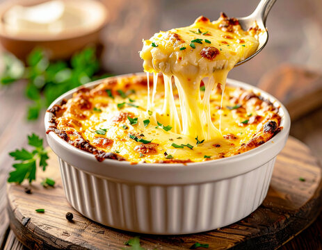 Creamy cheesy dish served in a ramekin bowl, macro shot. AI