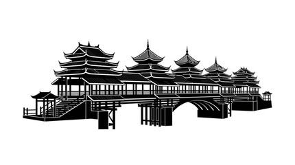 Fototapeta premium Traditional Chinese Covered Bridge Architecture, Ancient Pagoda Style, Vector Silhouette Isolated