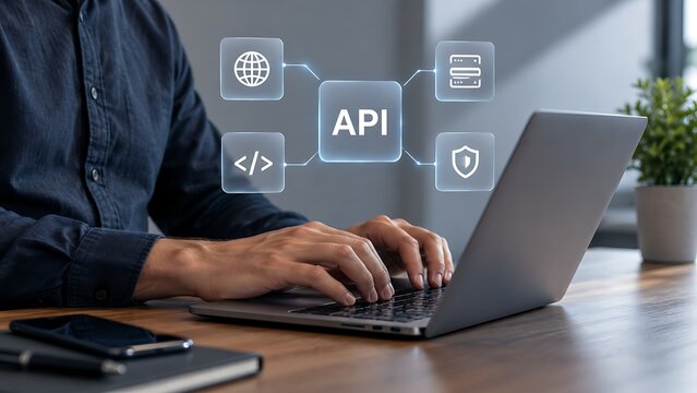 Professional software developer working on a laptop with API application programming interface network diagram icons for web integration, coding, server database, and cybersecurity technology
