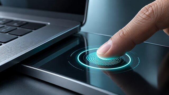 Futuristic biometric fingerprint scan for secure access on a modern digital device, person using touch ID sensor for data protection and identity verification in high-tech environment