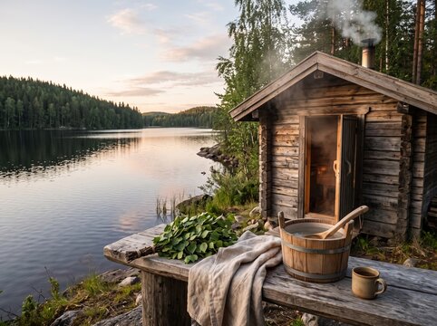 Wooden sauna cabin steaming by rocky lake shore at sunset