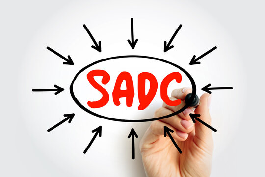 SADC acronym text written by hand in circle with arrows. Concept of southern african development community, regional integration, economic cooperation, political stability and growth.
