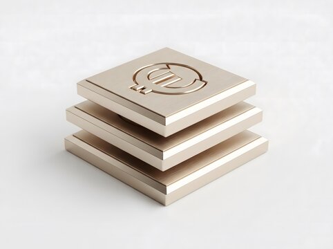 Stack of three metallic squares featuring embossed euro currency symbols on white background currency business investment monetary financial