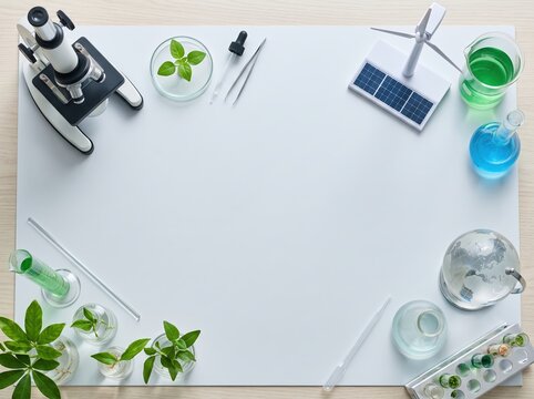 Laboratory table with microscope and plant samples on wooden surface