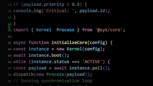 Software code editor scrolling through javascript syntax, backend development, programming logic, web engineering, system architecture, data processing