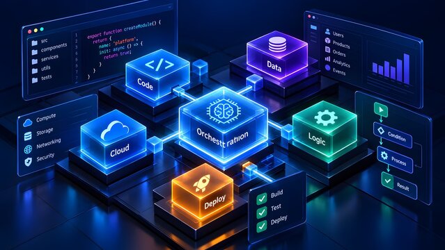 Complex digital ecosystem showcasing interconnected software development components including code, data, cloud, and logic, seamlessly orchestrated for deployment and analytics.