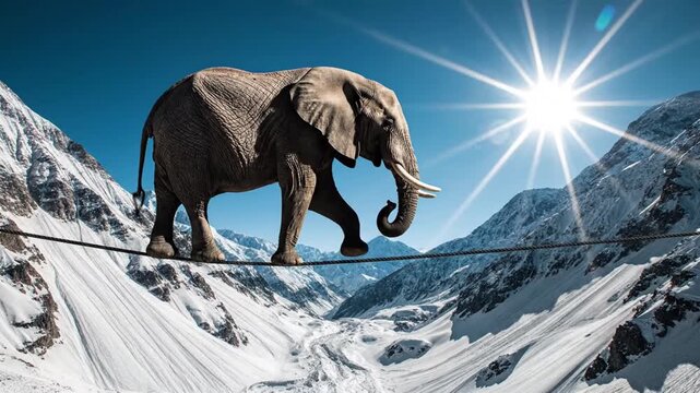 Elephant balancing carefully on tightrope wire over snowy mountain peak under bright sun. Risk management, business challenge, precision balance, courage, and overcoming obstacles concept.