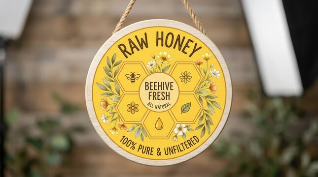 Rustic Wooden Round Sign for 100 Percent Raw Honey Beehive Fresh Pure Unfiltered Natural Product