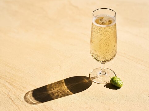 Sparkling beverage in flute casting long shadow on surface