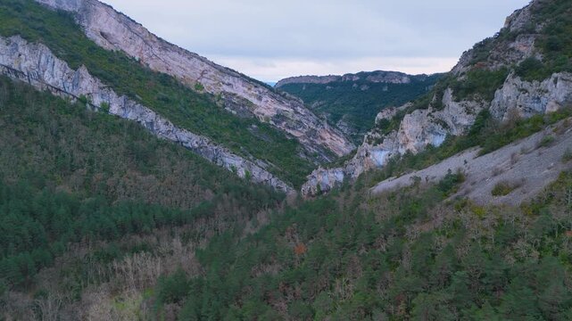 Aerial view from drone of the Ca&ntilde;&oacute;n del R&iacute;o Pur&oacute;n in the Valderejo Natural Park. Municipality of Valdegov&iacute;a. Province of &Aacute;lava. Basque Country. Spain. Europe
