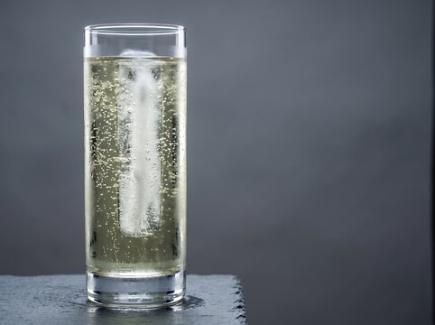 Tall glass with sparkling beverage and ice cube on dark surface