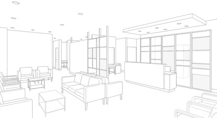 Fototapeta premium Interior wireframe sketch of a spacious waiting room showcases a reception desk, seating areas, and partition walls, illustrating office layout.