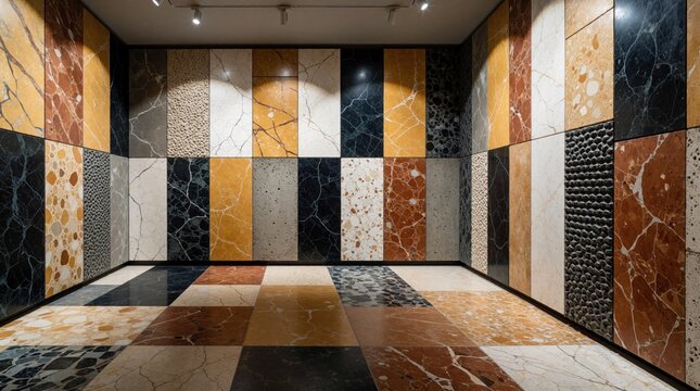 Modern art gallery with interactive exhibition wall. Mosaic concrete tiles on magnetic surface create abstract pattern. Interior design show features textured stone panels in various colors.