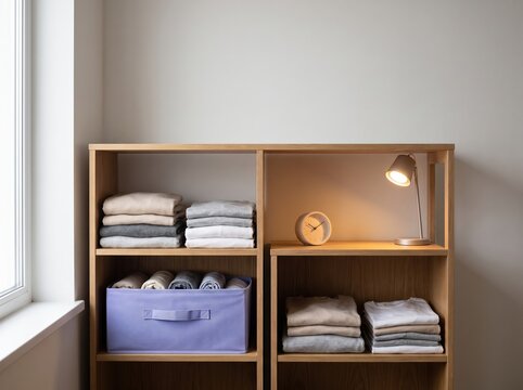 Wooden shelving with folded linens and storage box by window