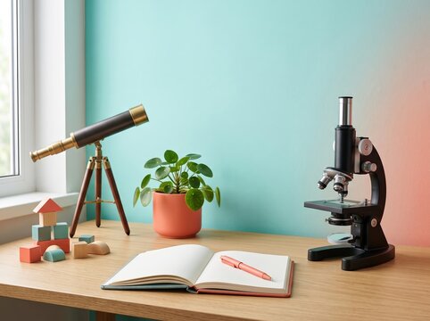 Study desk with telescope and microscope near window