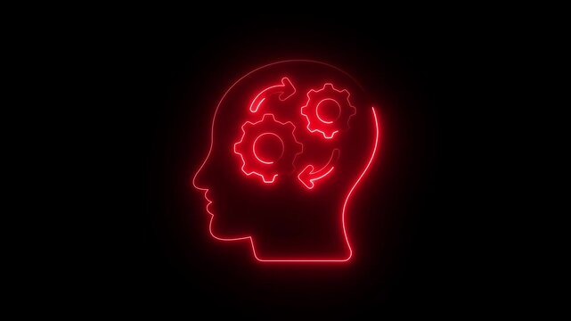 Neon red human head profile with rotating gears animation, concept of artificial intelligence, mindset, and cognitive processing