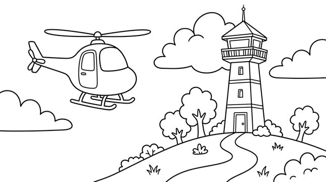 Helicopter flying past an observation tower in a simple line art style