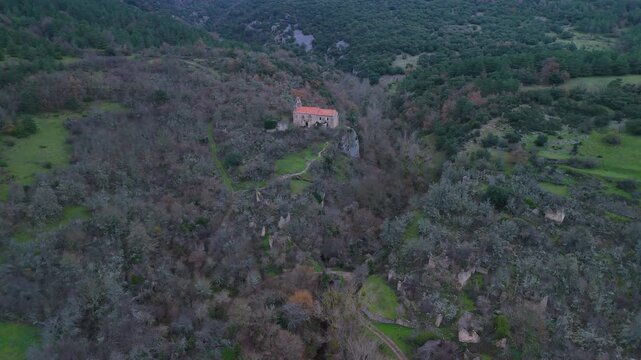 Aerial view from drone of the church of San Esteban in the abandoned village of Ribera in the Valderejo Natural Park. Municipality of Valdegov&iacute;a. Province of &Aacute;lava. Basque Country. Spain. Europe