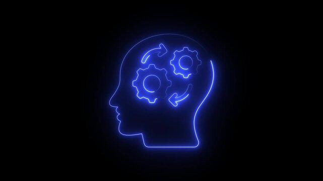 Neon human head silhouette with rotating gears animation, artificial intelligence and cognitive process concept