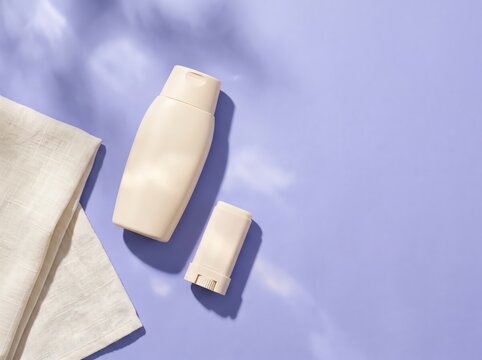 Cosmetic bottles arranged on lilac background with cloth