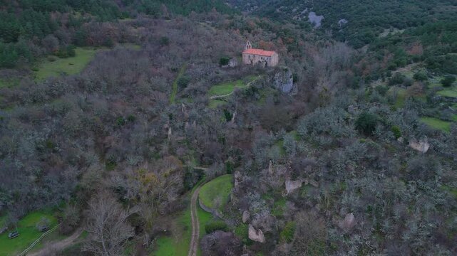 Aerial view from drone of the church of San Esteban in the abandoned village of Ribera in the Valderejo Natural Park. Municipality of Valdegov&iacute;a. Province of &Aacute;lava. Basque Country. Spain. Europe