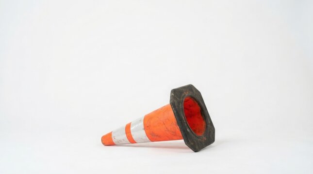Fallen orange traffic cone with reflective strip lying on a clean