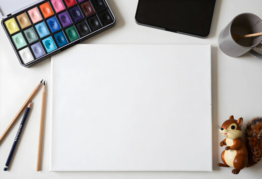Creativity and artistic inspiration, blank canvas with watercolor paints and drawing pencils on a desk for creative hobby or professional design project