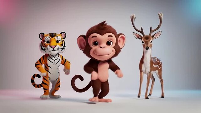Cute Cartoon Monkey, Tiger, and Deer Dancing Together in Rhythmic Harmony, Seamless Loop Animal Trio Dance Show