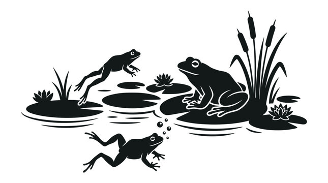 Frogs and cattails illustration features a black silhouette against a white background