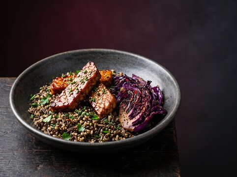 Grilled tempeh and roasted cabbage over wild rice bowl