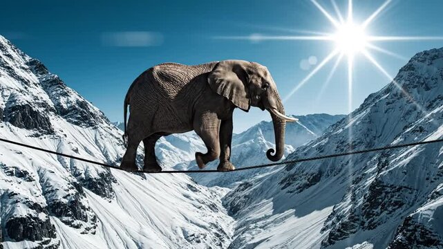 Elephant balancing carefully on tightrope wire over snowy mountain peak under bright sun. Risk management, business challenge, precision balance, courage, and overcoming obstacles concept.