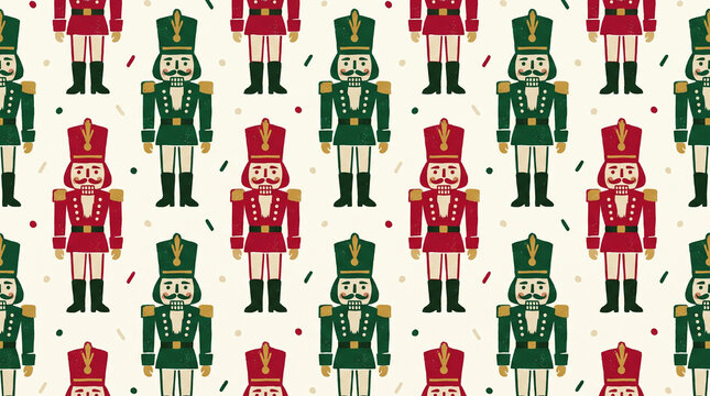 Vintage Christmas nutcracker pattern with red and green toy soldiers on beige. Retro festive seamless design for holiday wrapping and backgrounds.
