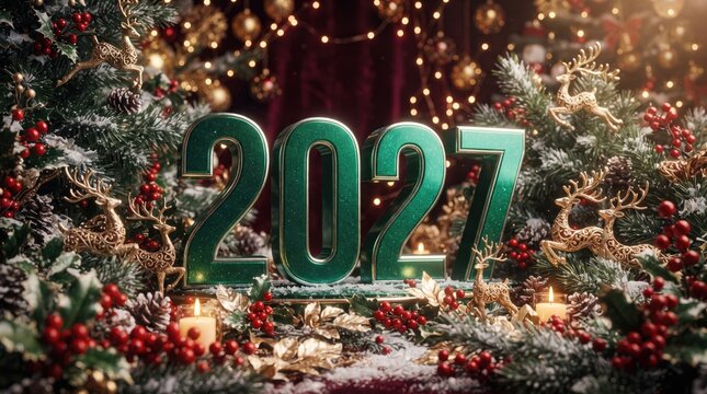 3d2027 text and add elements abstract background design new 2026 Festive 2027 celebration with green numbers and floral confetti background illustration