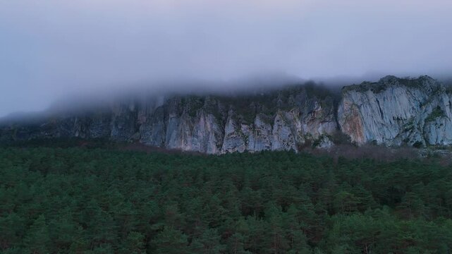 Aerial view from drone of winter landscape of rocks and forests in the Valderejo Natural Park. Municipality of Valdegov&iacute;a. Province of &Aacute;lava. Basque Country. Spain. Europe