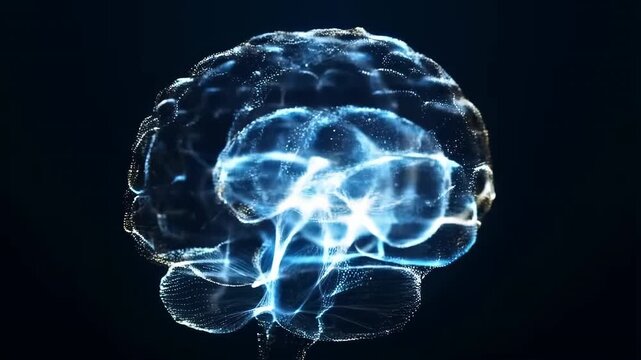 Glowing holographic human brain with pulsing neural network particles on dark background 60 FPS